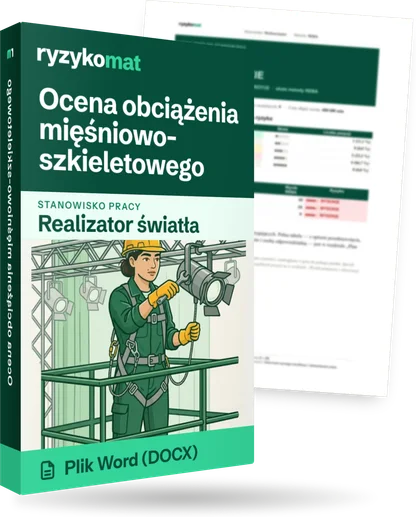 Pudełko dokumentu „Ocena obciążenia mięśniowo-szkieletowego” ze znakiem Ryzykomat i napisem „Plik Word (DOCX)” na froncie, ilustracja stanowiska „Realizator światła”; zza pudełka wystaje strona prawdziwego dokumentu z rozmytą treścią