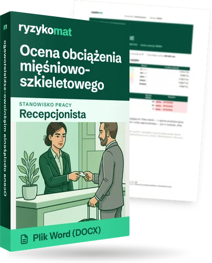 Pudełko dokumentu „Ocena obciążenia mięśniowo-szkieletowego” ze znakiem Ryzykomat i napisem „Plik Word (DOCX)” na froncie, ilustracja stanowiska „Recepcjonista”; zza pudełka wystaje strona prawdziwego dokumentu z rozmytą treścią