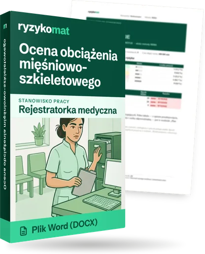 Pudełko dokumentu „Ocena obciążenia mięśniowo-szkieletowego” ze znakiem Ryzykomat i napisem „Plik Word (DOCX)” na froncie, ilustracja stanowiska „Rejestratorka medyczna”; zza pudełka wystaje strona prawdziwego dokumentu z rozmytą treścią