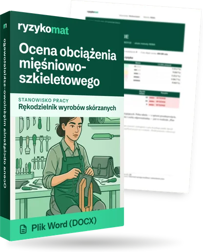 Pudełko dokumentu „Ocena obciążenia mięśniowo-szkieletowego” ze znakiem Ryzykomat i napisem „Plik Word (DOCX)” na froncie, ilustracja stanowiska „Rękodzielnik wyrobów skórzanych”; zza pudełka wystaje strona prawdziwego dokumentu z rozmytą treścią