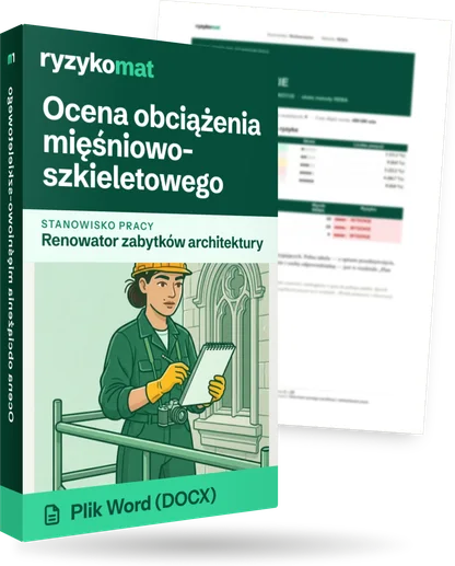 Pudełko dokumentu „Ocena obciążenia mięśniowo-szkieletowego” ze znakiem Ryzykomat i napisem „Plik Word (DOCX)” na froncie, ilustracja stanowiska „Renowator zabytków architektury”; zza pudełka wystaje strona prawdziwego dokumentu z rozmytą treścią