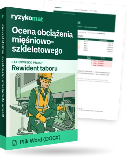 Pudełko dokumentu „Ocena obciążenia mięśniowo-szkieletowego” ze znakiem Ryzykomat i napisem „Plik Word (DOCX)” na froncie, ilustracja stanowiska „Rewident taboru”; zza pudełka wystaje strona prawdziwego dokumentu z rozmytą treścią