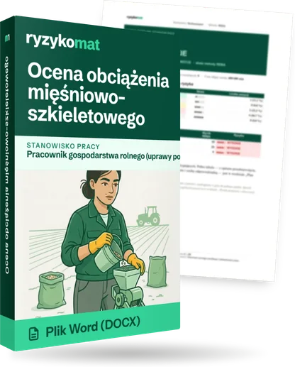 Pudełko dokumentu „Ocena obciążenia mięśniowo-szkieletowego” ze znakiem Ryzykomat i napisem „Plik Word (DOCX)” na froncie, ilustracja stanowiska „Pracownik gospodarstwa rolnego (uprawy polowe)”; zza pudełka wystaje strona prawdziwego dokumentu z rozmytą treścią