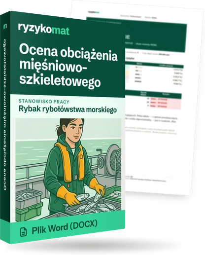 Pudełko dokumentu „Ocena obciążenia mięśniowo-szkieletowego” ze znakiem Ryzykomat i napisem „Plik Word (DOCX)” na froncie, ilustracja stanowiska „Rybak rybołówstwa morskiego”; zza pudełka wystaje strona prawdziwego dokumentu z rozmytą treścią