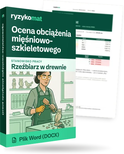 Pudełko dokumentu „Ocena obciążenia mięśniowo-szkieletowego” ze znakiem Ryzykomat i napisem „Plik Word (DOCX)” na froncie, ilustracja stanowiska „Rzeźbiarz w drewnie”; zza pudełka wystaje strona prawdziwego dokumentu z rozmytą treścią
