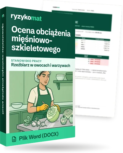 Pudełko dokumentu „Ocena obciążenia mięśniowo-szkieletowego” ze znakiem Ryzykomat i napisem „Plik Word (DOCX)” na froncie, ilustracja stanowiska „Rzeźbiarz w owocach i warzywach”; zza pudełka wystaje strona prawdziwego dokumentu z rozmytą treścią