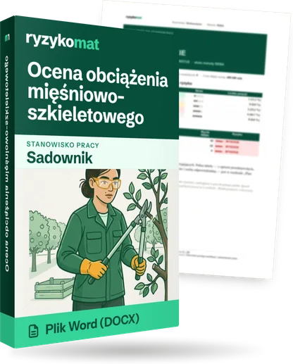 Pudełko dokumentu „Ocena obciążenia mięśniowo-szkieletowego” ze znakiem Ryzykomat i napisem „Plik Word (DOCX)” na froncie, ilustracja stanowiska „Sadownik”; zza pudełka wystaje strona prawdziwego dokumentu z rozmytą treścią