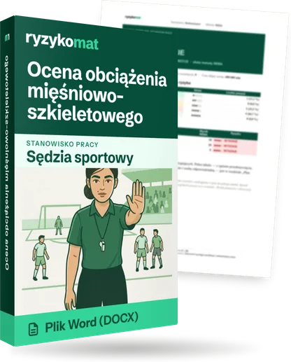 Pudełko dokumentu „Ocena obciążenia mięśniowo-szkieletowego” ze znakiem Ryzykomat i napisem „Plik Word (DOCX)” na froncie, ilustracja stanowiska „Sędzia sportowy”; zza pudełka wystaje strona prawdziwego dokumentu z rozmytą treścią