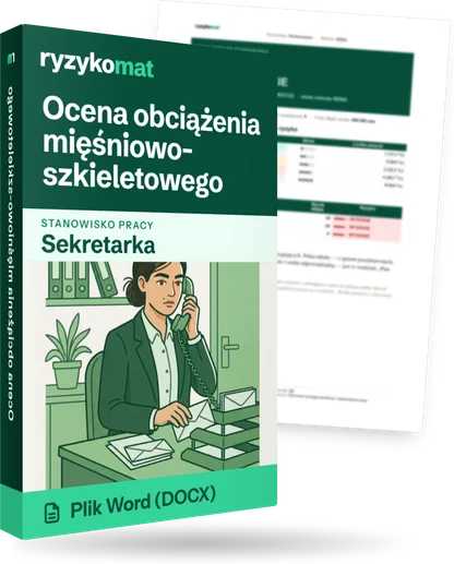 Pudełko dokumentu „Ocena obciążenia mięśniowo-szkieletowego” ze znakiem Ryzykomat i napisem „Plik Word (DOCX)” na froncie, ilustracja stanowiska „Sekretarka”; zza pudełka wystaje strona prawdziwego dokumentu z rozmytą treścią