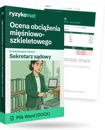 Pudełko dokumentu „Ocena obciążenia mięśniowo-szkieletowego” ze znakiem Ryzykomat i napisem „Plik Word (DOCX)” na froncie, ilustracja stanowiska „Sekretarz sądowy”; zza pudełka wystaje strona prawdziwego dokumentu z rozmytą treścią