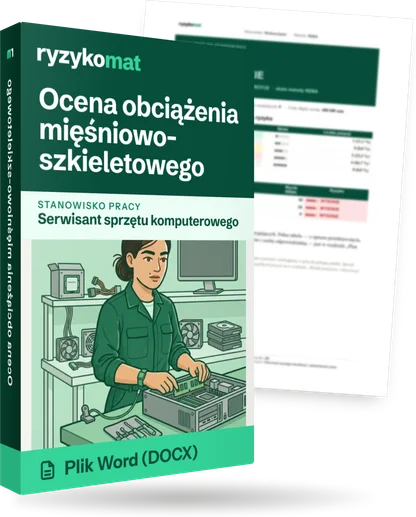 Pudełko dokumentu „Ocena obciążenia mięśniowo-szkieletowego” ze znakiem Ryzykomat i napisem „Plik Word (DOCX)” na froncie, ilustracja stanowiska „Serwisant sprzętu komputerowego”; zza pudełka wystaje strona prawdziwego dokumentu z rozmytą treścią