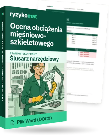 Pudełko dokumentu „Ocena obciążenia mięśniowo-szkieletowego” ze znakiem Ryzykomat i napisem „Plik Word (DOCX)” na froncie, ilustracja stanowiska „Ślusarz narzędziowy”; zza pudełka wystaje strona prawdziwego dokumentu z rozmytą treścią