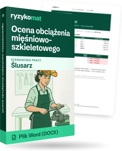 Pudełko dokumentu „Ocena obciążenia mięśniowo-szkieletowego” ze znakiem Ryzykomat i napisem „Plik Word (DOCX)” na froncie, ilustracja stanowiska „Ślusarz”; zza pudełka wystaje strona prawdziwego dokumentu z rozmytą treścią