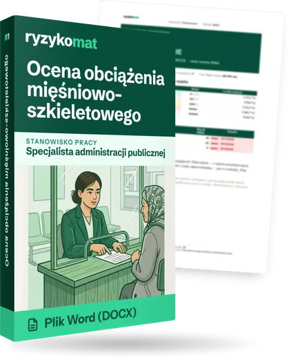 Pudełko dokumentu „Ocena obciążenia mięśniowo-szkieletowego” ze znakiem Ryzykomat i napisem „Plik Word (DOCX)” na froncie, ilustracja stanowiska „Specjalista administracji publicznej”; zza pudełka wystaje strona prawdziwego dokumentu z rozmytą treścią