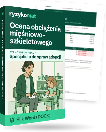 Pudełko dokumentu „Ocena obciążenia mięśniowo-szkieletowego” ze znakiem Ryzykomat i napisem „Plik Word (DOCX)” na froncie, ilustracja stanowiska „Specjalista do spraw adopcji”; zza pudełka wystaje strona prawdziwego dokumentu z rozmytą treścią