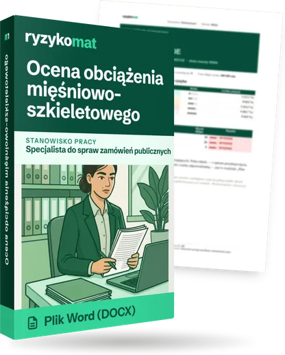 Pudełko dokumentu „Ocena obciążenia mięśniowo-szkieletowego” ze znakiem Ryzykomat i napisem „Plik Word (DOCX)” na froncie, ilustracja stanowiska „Specjalista do spraw zamówień publicznych”; zza pudełka wystaje strona prawdziwego dokumentu z rozmytą treścią