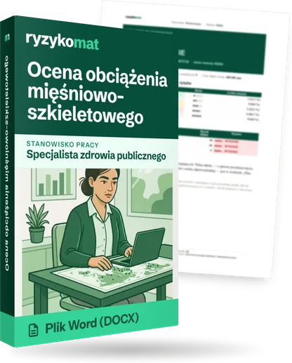 Pudełko dokumentu „Ocena obciążenia mięśniowo-szkieletowego” ze znakiem Ryzykomat i napisem „Plik Word (DOCX)” na froncie, ilustracja stanowiska „Specjalista zdrowia publicznego”; zza pudełka wystaje strona prawdziwego dokumentu z rozmytą treścią