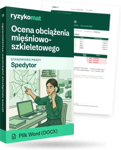 Pudełko dokumentu „Ocena obciążenia mięśniowo-szkieletowego” ze znakiem Ryzykomat i napisem „Plik Word (DOCX)” na froncie, ilustracja stanowiska „Spedytor”; zza pudełka wystaje strona prawdziwego dokumentu z rozmytą treścią