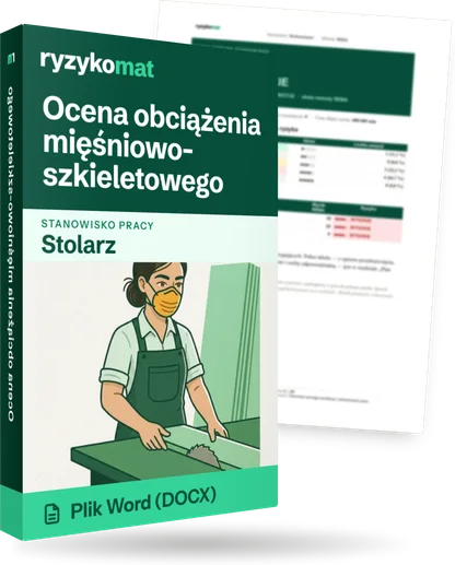 Pudełko dokumentu „Ocena obciążenia mięśniowo-szkieletowego” ze znakiem Ryzykomat i napisem „Plik Word (DOCX)” na froncie, ilustracja stanowiska „Stolarz”; zza pudełka wystaje strona prawdziwego dokumentu z rozmytą treścią