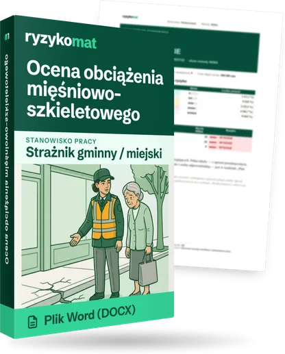 Pudełko dokumentu „Ocena obciążenia mięśniowo-szkieletowego” ze znakiem Ryzykomat i napisem „Plik Word (DOCX)” na froncie, ilustracja stanowiska „Strażnik gminny / miejski”; zza pudełka wystaje strona prawdziwego dokumentu z rozmytą treścią