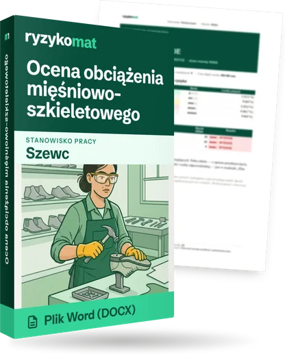 Pudełko dokumentu „Ocena obciążenia mięśniowo-szkieletowego” ze znakiem Ryzykomat i napisem „Plik Word (DOCX)” na froncie, ilustracja stanowiska „Szewc”; zza pudełka wystaje strona prawdziwego dokumentu z rozmytą treścią