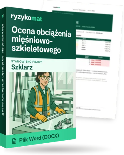 Pudełko dokumentu „Ocena obciążenia mięśniowo-szkieletowego” ze znakiem Ryzykomat i napisem „Plik Word (DOCX)” na froncie, ilustracja stanowiska „Szklarz”; zza pudełka wystaje strona prawdziwego dokumentu z rozmytą treścią