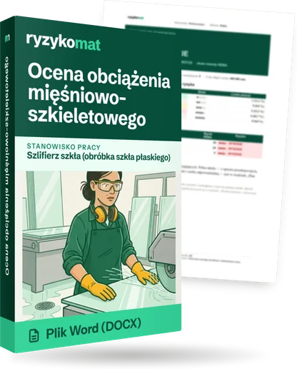 Pudełko dokumentu „Ocena obciążenia mięśniowo-szkieletowego” ze znakiem Ryzykomat i napisem „Plik Word (DOCX)” na froncie, ilustracja stanowiska „Szlifierz szkła (obróbka szkła płaskiego)”; zza pudełka wystaje strona prawdziwego dokumentu z rozmytą treścią