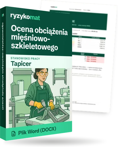 Pudełko dokumentu „Ocena obciążenia mięśniowo-szkieletowego” ze znakiem Ryzykomat i napisem „Plik Word (DOCX)” na froncie, ilustracja stanowiska „Tapicer”; zza pudełka wystaje strona prawdziwego dokumentu z rozmytą treścią