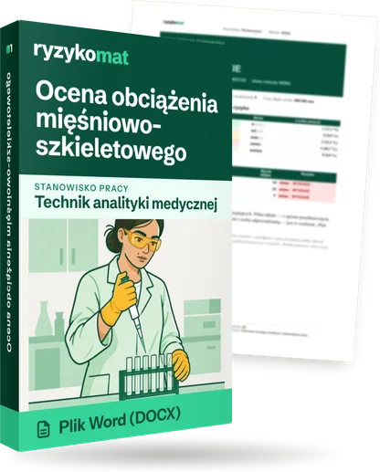 Pudełko dokumentu „Ocena obciążenia mięśniowo-szkieletowego” ze znakiem Ryzykomat i napisem „Plik Word (DOCX)” na froncie, ilustracja stanowiska „Technik analityki medycznej”; zza pudełka wystaje strona prawdziwego dokumentu z rozmytą treścią