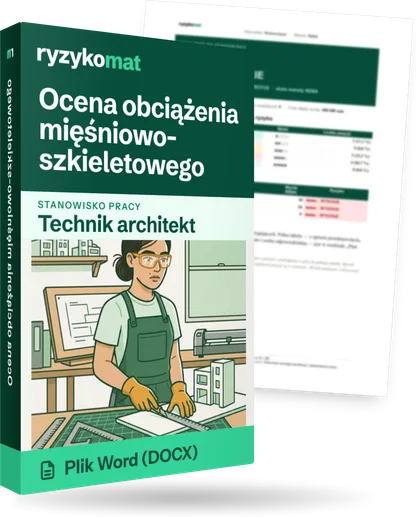 Pudełko dokumentu „Ocena obciążenia mięśniowo-szkieletowego” ze znakiem Ryzykomat i napisem „Plik Word (DOCX)” na froncie, ilustracja stanowiska „Technik architekt”; zza pudełka wystaje strona prawdziwego dokumentu z rozmytą treścią