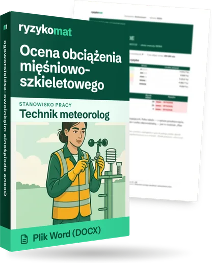 Pudełko dokumentu „Ocena obciążenia mięśniowo-szkieletowego” ze znakiem Ryzykomat i napisem „Plik Word (DOCX)” na froncie, ilustracja stanowiska „Technik meteorolog”; zza pudełka wystaje strona prawdziwego dokumentu z rozmytą treścią