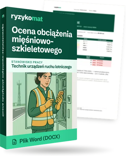 Pudełko dokumentu „Ocena obciążenia mięśniowo-szkieletowego” ze znakiem Ryzykomat i napisem „Plik Word (DOCX)” na froncie, ilustracja stanowiska „Technik urządzeń ruchu lotniczego”; zza pudełka wystaje strona prawdziwego dokumentu z rozmytą treścią