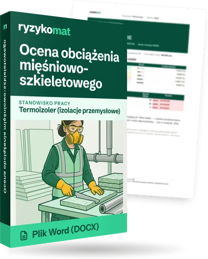 Pudełko dokumentu „Ocena obciążenia mięśniowo-szkieletowego” ze znakiem Ryzykomat i napisem „Plik Word (DOCX)” na froncie, ilustracja stanowiska „Termoizoler (izolacje przemysłowe)”; zza pudełka wystaje strona prawdziwego dokumentu z rozmytą treścią