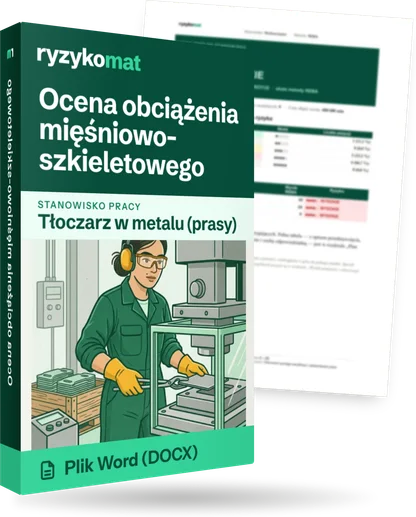 Pudełko dokumentu „Ocena obciążenia mięśniowo-szkieletowego” ze znakiem Ryzykomat i napisem „Plik Word (DOCX)” na froncie, ilustracja stanowiska „Tłoczarz w metalu (prasy)”; zza pudełka wystaje strona prawdziwego dokumentu z rozmytą treścią