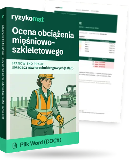Pudełko dokumentu „Ocena obciążenia mięśniowo-szkieletowego” ze znakiem Ryzykomat i napisem „Plik Word (DOCX)” na froncie, ilustracja stanowiska „Układacz nawierzchni drogowych (asfalt)”; zza pudełka wystaje strona prawdziwego dokumentu z rozmytą treścią