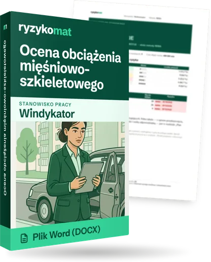 Pudełko dokumentu „Ocena obciążenia mięśniowo-szkieletowego” ze znakiem Ryzykomat i napisem „Plik Word (DOCX)” na froncie, ilustracja stanowiska „Windykator”; zza pudełka wystaje strona prawdziwego dokumentu z rozmytą treścią