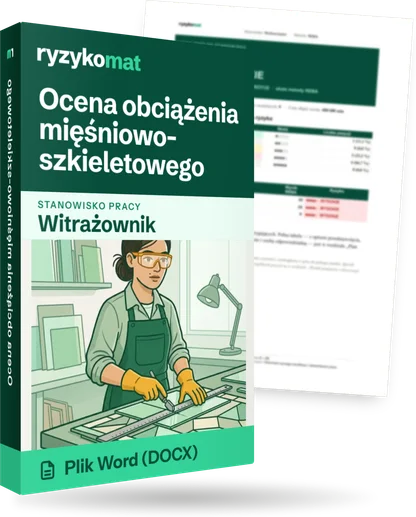 Pudełko dokumentu „Ocena obciążenia mięśniowo-szkieletowego” ze znakiem Ryzykomat i napisem „Plik Word (DOCX)” na froncie, ilustracja stanowiska „Witrażownik”; zza pudełka wystaje strona prawdziwego dokumentu z rozmytą treścią