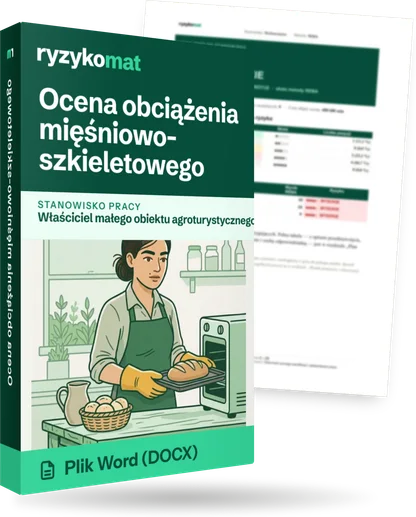 Pudełko dokumentu „Ocena obciążenia mięśniowo-szkieletowego” ze znakiem Ryzykomat i napisem „Plik Word (DOCX)” na froncie, ilustracja stanowiska „Właściciel małego obiektu agroturystycznego / hotelarskiego / gastronomicznego”; zza pudełka wystaje strona prawdziwego dokumentu z rozmytą treścią