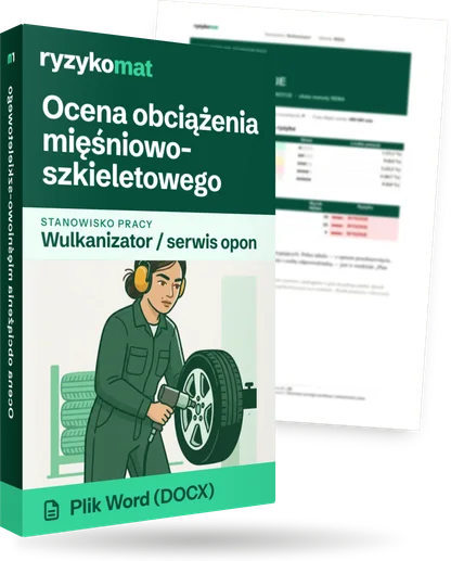 Pudełko dokumentu „Ocena obciążenia mięśniowo-szkieletowego” ze znakiem Ryzykomat i napisem „Plik Word (DOCX)” na froncie, ilustracja stanowiska „Wulkanizator / serwis opon”; zza pudełka wystaje strona prawdziwego dokumentu z rozmytą treścią