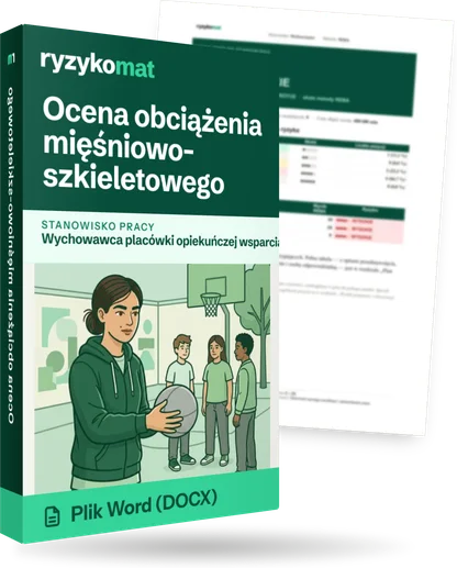 Pudełko dokumentu „Ocena obciążenia mięśniowo-szkieletowego” ze znakiem Ryzykomat i napisem „Plik Word (DOCX)” na froncie, ilustracja stanowiska „Wychowawca placówki opiekuńczej wsparcia dziennego”; zza pudełka wystaje strona prawdziwego dokumentu z rozmytą treścią