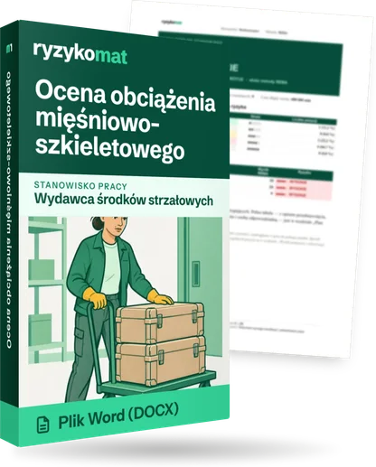 Pudełko dokumentu „Ocena obciążenia mięśniowo-szkieletowego” ze znakiem Ryzykomat i napisem „Plik Word (DOCX)” na froncie, ilustracja stanowiska „Wydawca środków strzałowych”; zza pudełka wystaje strona prawdziwego dokumentu z rozmytą treścią