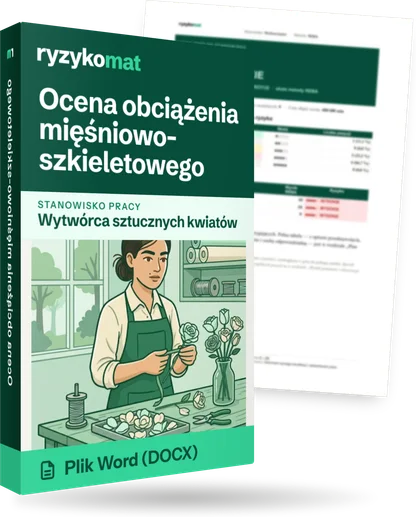 Pudełko dokumentu „Ocena obciążenia mięśniowo-szkieletowego” ze znakiem Ryzykomat i napisem „Plik Word (DOCX)” na froncie, ilustracja stanowiska „Wytwórca sztucznych kwiatów”; zza pudełka wystaje strona prawdziwego dokumentu z rozmytą treścią