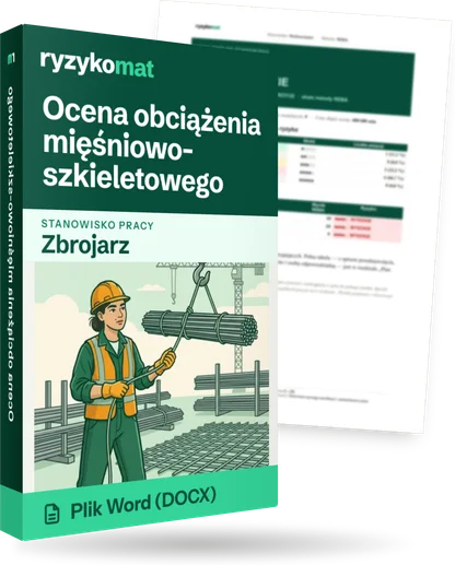 Pudełko dokumentu „Ocena obciążenia mięśniowo-szkieletowego” ze znakiem Ryzykomat i napisem „Plik Word (DOCX)” na froncie, ilustracja stanowiska „Zbrojarz”; zza pudełka wystaje strona prawdziwego dokumentu z rozmytą treścią