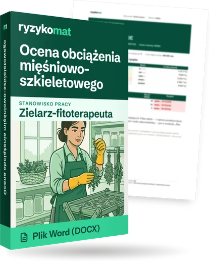 Pudełko dokumentu „Ocena obciążenia mięśniowo-szkieletowego” ze znakiem Ryzykomat i napisem „Plik Word (DOCX)” na froncie, ilustracja stanowiska „Zielarz-fitoterapeuta”; zza pudełka wystaje strona prawdziwego dokumentu z rozmytą treścią