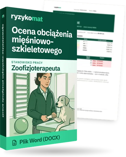 Pudełko dokumentu „Ocena obciążenia mięśniowo-szkieletowego” ze znakiem Ryzykomat i napisem „Plik Word (DOCX)” na froncie, ilustracja stanowiska „Zoofizjoterapeuta”; zza pudełka wystaje strona prawdziwego dokumentu z rozmytą treścią