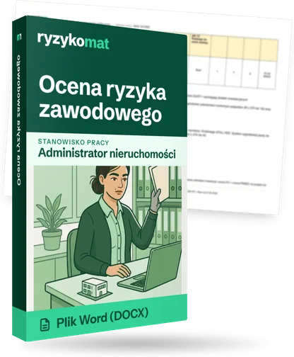 Pudełko dokumentu „Ocena ryzyka zawodowego” ze znakiem Ryzykomat i napisem „Plik Word (DOCX)” na froncie, ilustracja stanowiska „Administrator nieruchomości”; zza pudełka wystaje strona prawdziwego dokumentu z rozmytą treścią