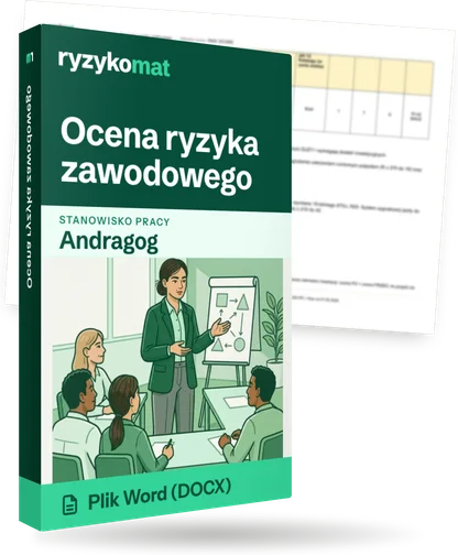 Pudełko dokumentu „Ocena ryzyka zawodowego” ze znakiem Ryzykomat i napisem „Plik Word (DOCX)” na froncie, ilustracja stanowiska „Andragog”; zza pudełka wystaje strona prawdziwego dokumentu z rozmytą treścią