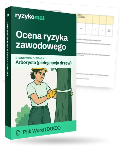 Pudełko dokumentu „Ocena ryzyka zawodowego” ze znakiem Ryzykomat i napisem „Plik Word (DOCX)” na froncie, ilustracja stanowiska „Arborysta (pielęgnacja drzew)”; zza pudełka wystaje strona prawdziwego dokumentu z rozmytą treścią