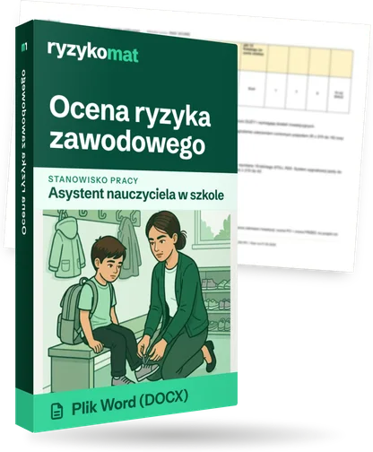 Pudełko dokumentu „Ocena ryzyka zawodowego” ze znakiem Ryzykomat i napisem „Plik Word (DOCX)” na froncie, ilustracja stanowiska „Asystent nauczyciela w szkole”; zza pudełka wystaje strona prawdziwego dokumentu z rozmytą treścią