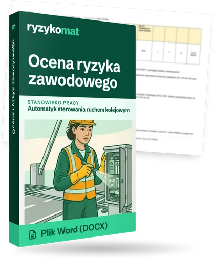 Pudełko dokumentu „Ocena ryzyka zawodowego” ze znakiem Ryzykomat i napisem „Plik Word (DOCX)” na froncie, ilustracja stanowiska „Automatyk sterowania ruchem kolejowym”; zza pudełka wystaje strona prawdziwego dokumentu z rozmytą treścią